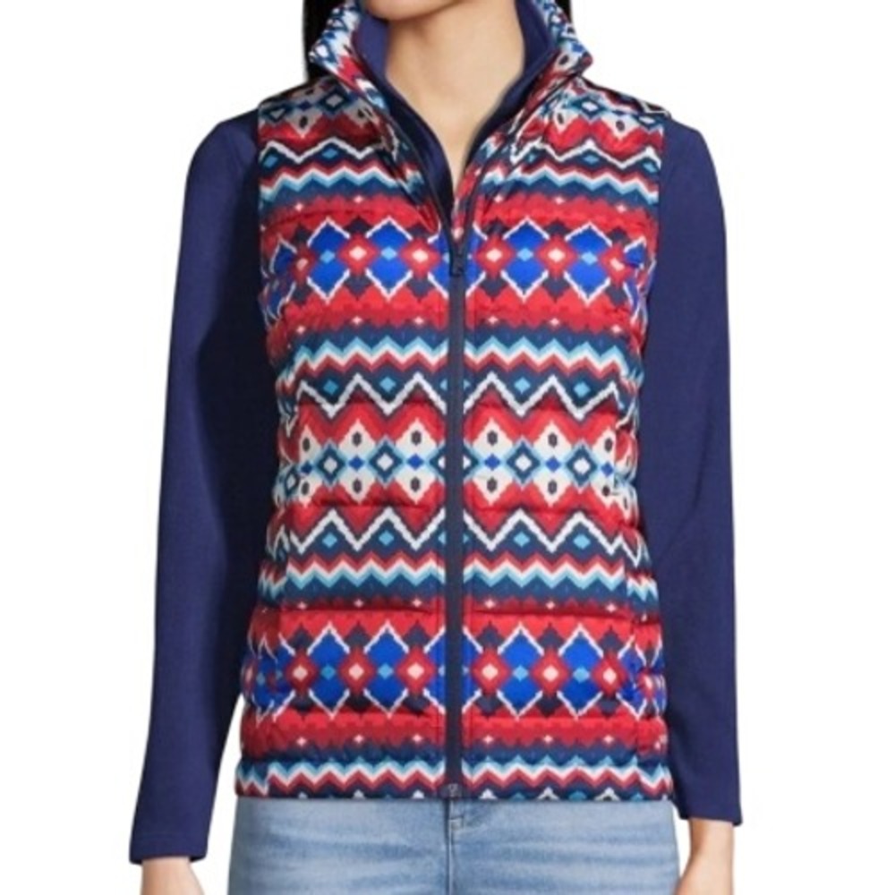 Lands' End Womens L Red Blue Geometric Fair Isle Down Puffer Vest NWT